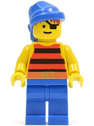 Lego pi028 - Pirate Red / Black Stripes Shirt, Blue Legs, Blue Bandana 